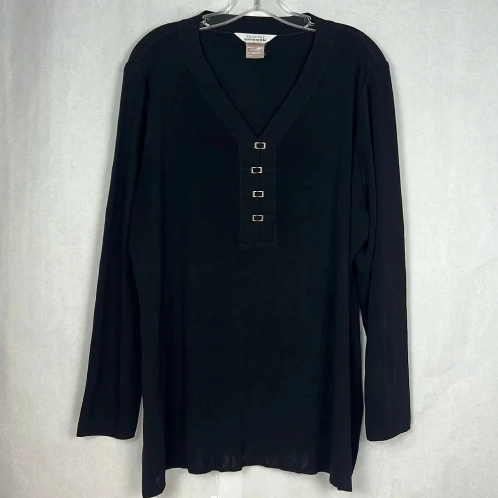 Exclusively Misook Side Slit Knit Tunic Top V-Neck W/Silver Accents XL Stretch